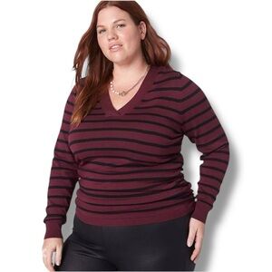 NWT LANE BRYANT Fitted Long-Sleeve V-Neck Ruched Pullover Sweater Maroon Stripe